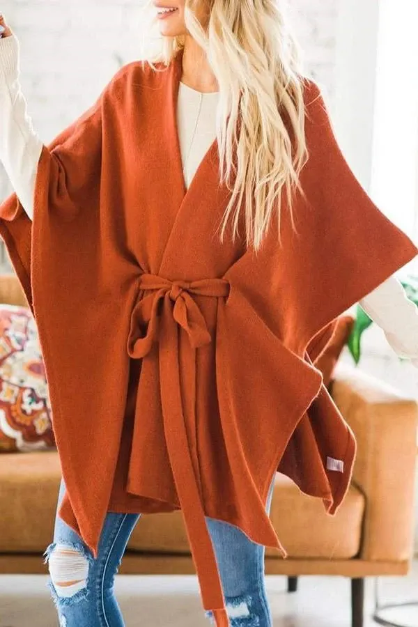 Solid Color Belt Batwing Sleeve Coat