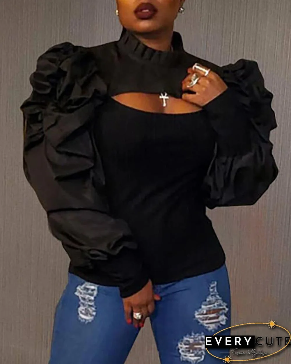 Plain Puff Sleeve Cutout Top P14013