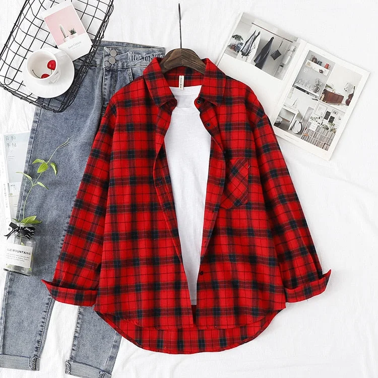 2021 New Loose Design Cotton Plaid Shirt Women Young Style Long Sleeve Blouses Casual Shirts Lady Tops Clothes Blusas