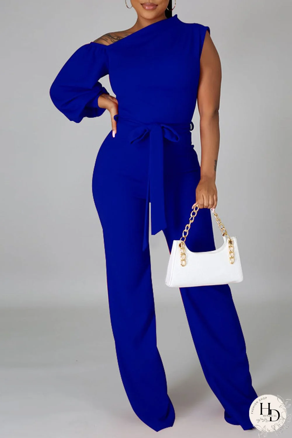 White Fashion Casual Solid Patchwork Asymmetrical Asymmetrical Collar Straight Jumpsuits