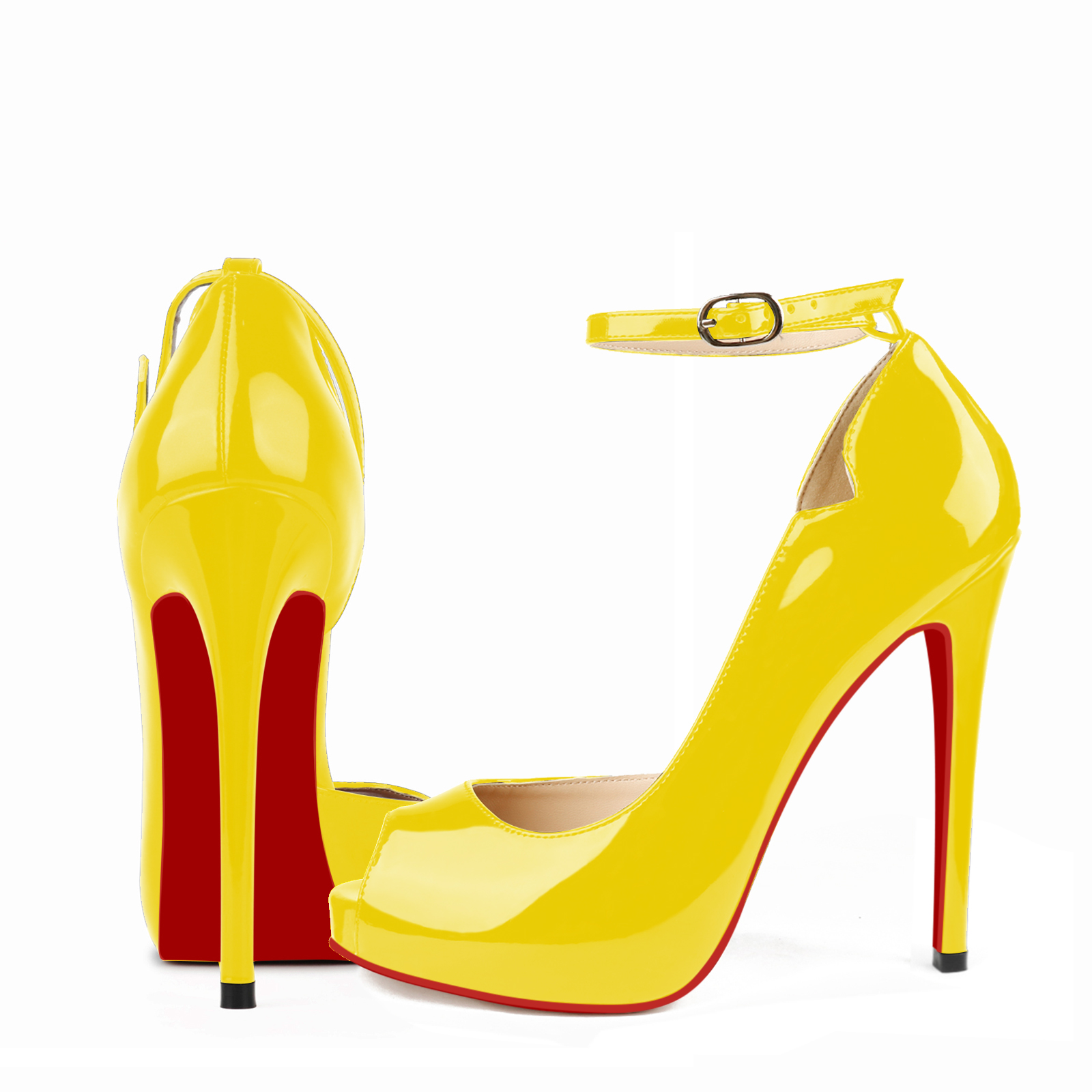 120mm Red Bottom Strap Platform Stilettos Pumps Round Chick Alta Patent Heels-MERUMOTE