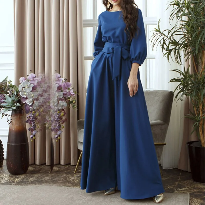 Muiches Casual Lantern Sleeve O-Neck Sashes High Waist Floor-Length Dress Woman Solid Elegant Party A-Line Dress 2021 New