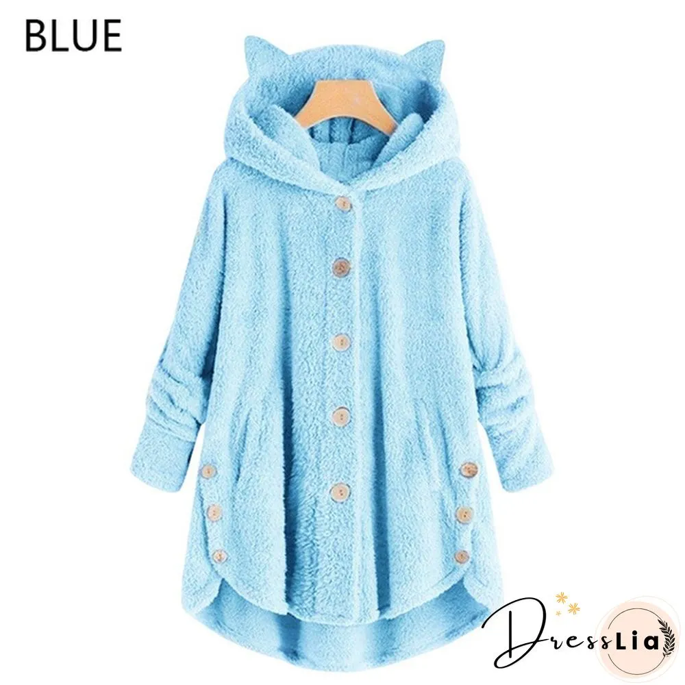 Fashion Women Coats Autumn Winter Outwear Tops Solid Color Plush Loose Cute Cat Ears Warm Fur Cardigan Coat with Pocket Plus Size S-5XL