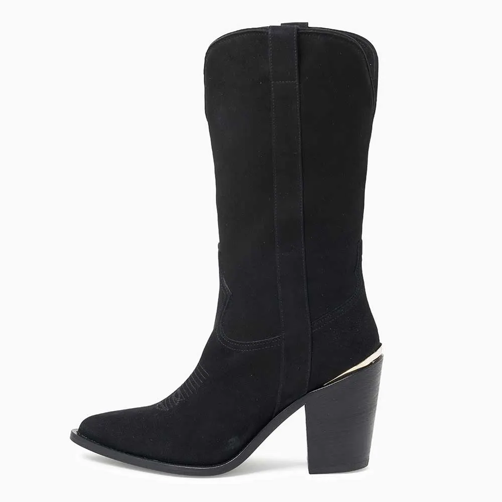 Black Pointed Vegan Suede Chunky Heel Western Boots for Women