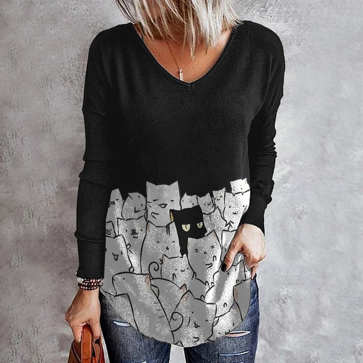 Comstylish Casual Colorblock Cat Print Long Sleeve T-Shirt