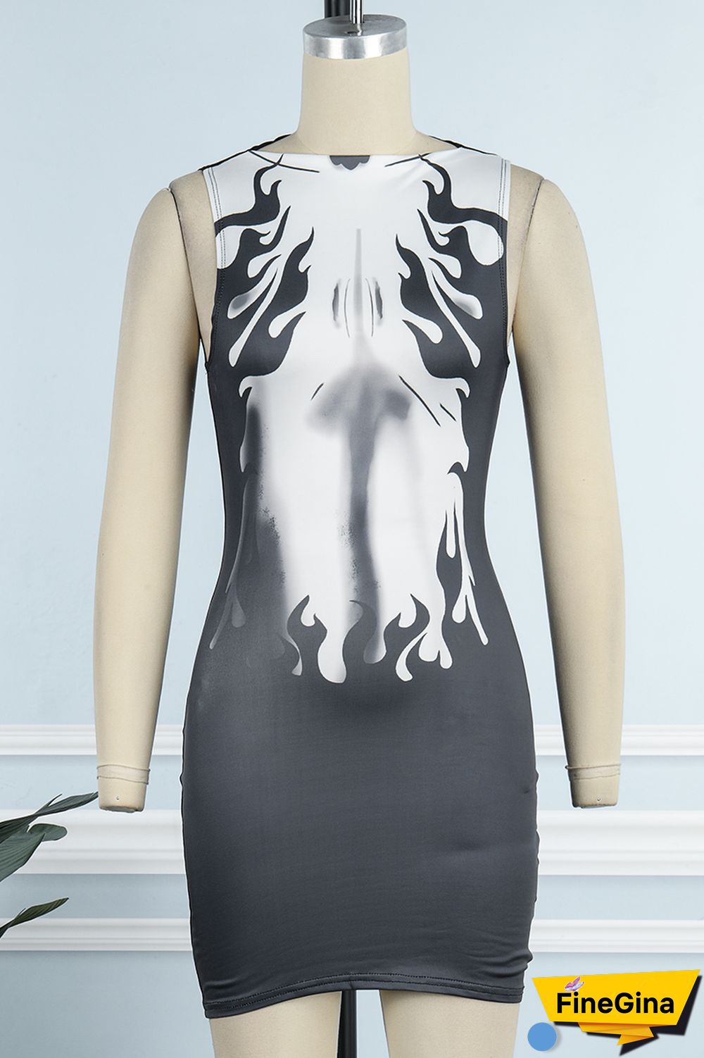 Black Sexy Print Basic O Neck Sleeveless Dress Dresses