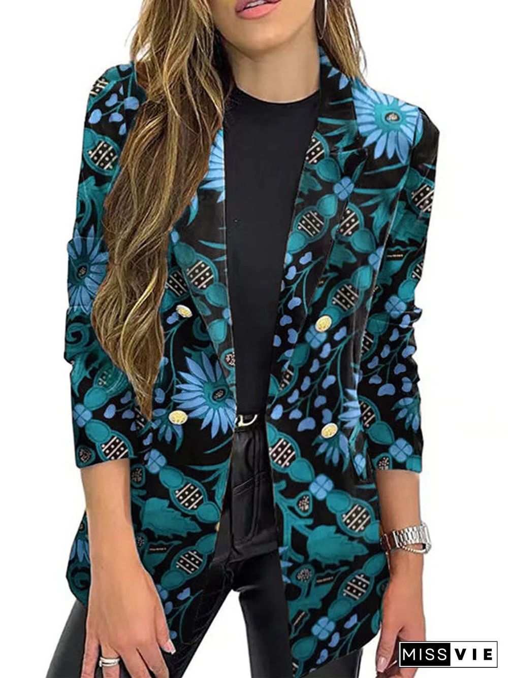 Women Long Sleeve Shirt Collar Floral Printed Striped Graphic Top Coats