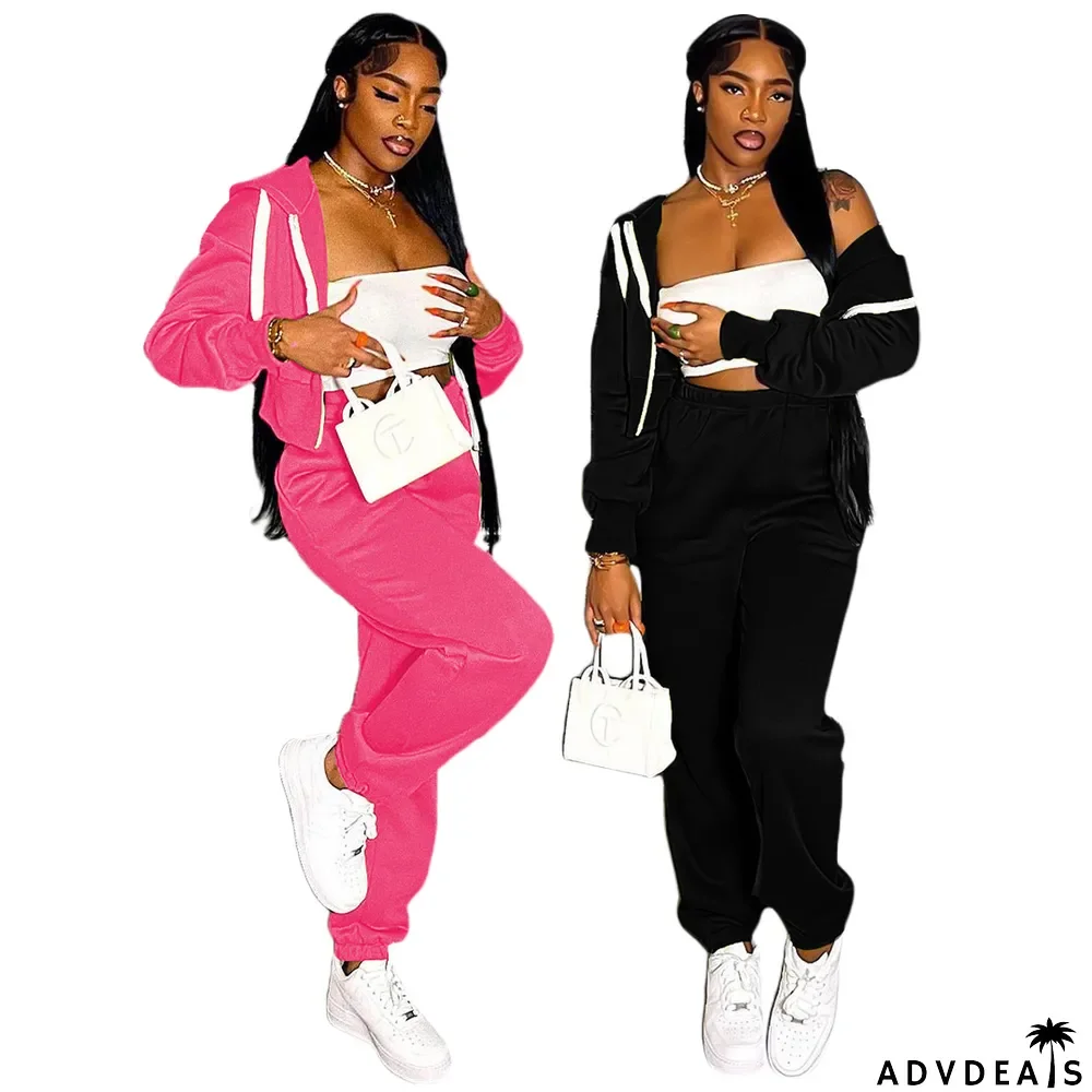 Solid Zipper Long Sleeve Two Piece Pants Set