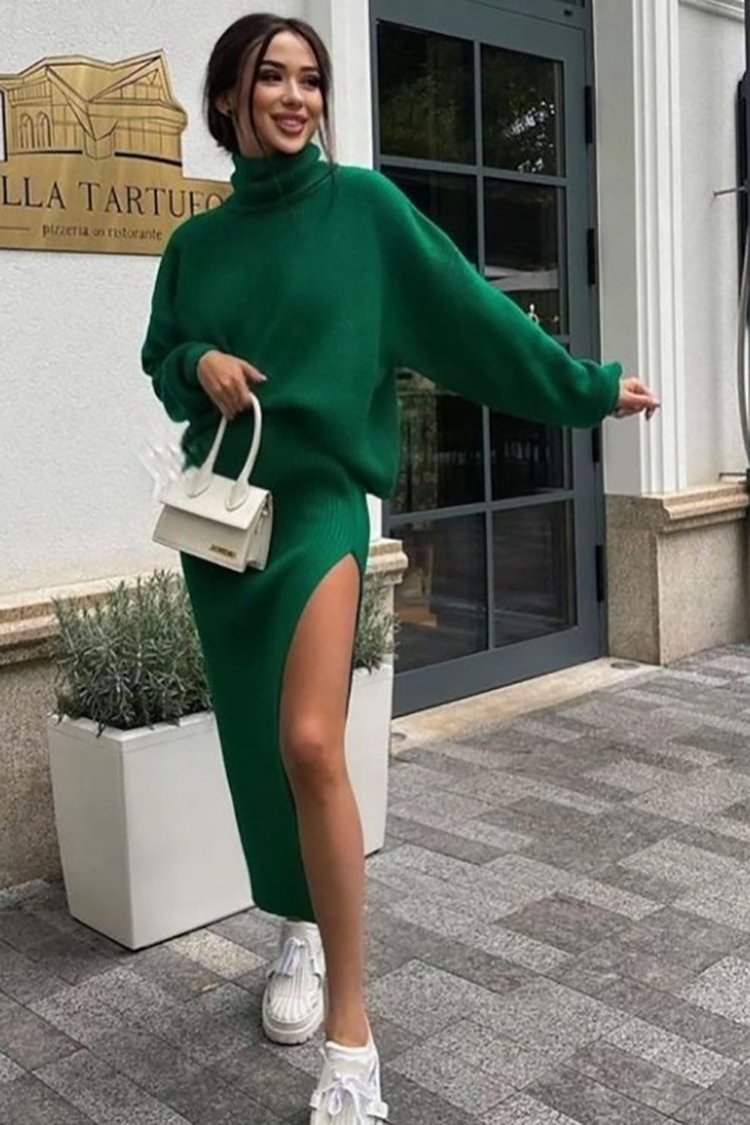 High Neck Long Lantern Sleeve Knit Slit Midi Skirt Two-Piece Set