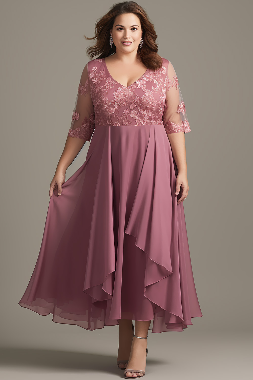 Flycurvy Plus Size Wedding Guest Pink Chiffon Lace Asymmetrical Hem Maxi Dress