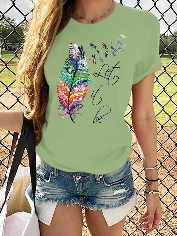 Feather Dragonfly Print Short Sleeve Casual T shirt For Women P1722521
