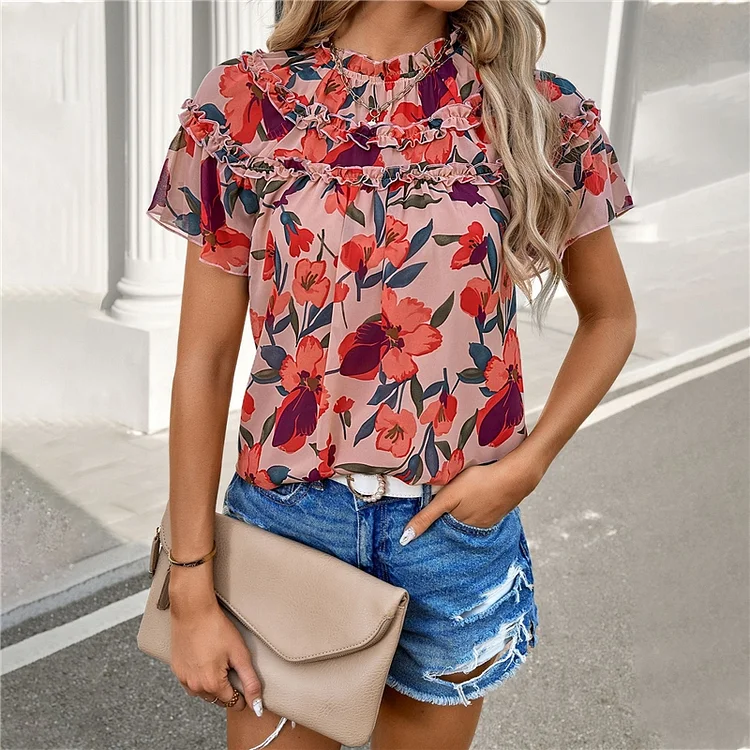 Short Sleeve Ruffled Collar Printing Blouse