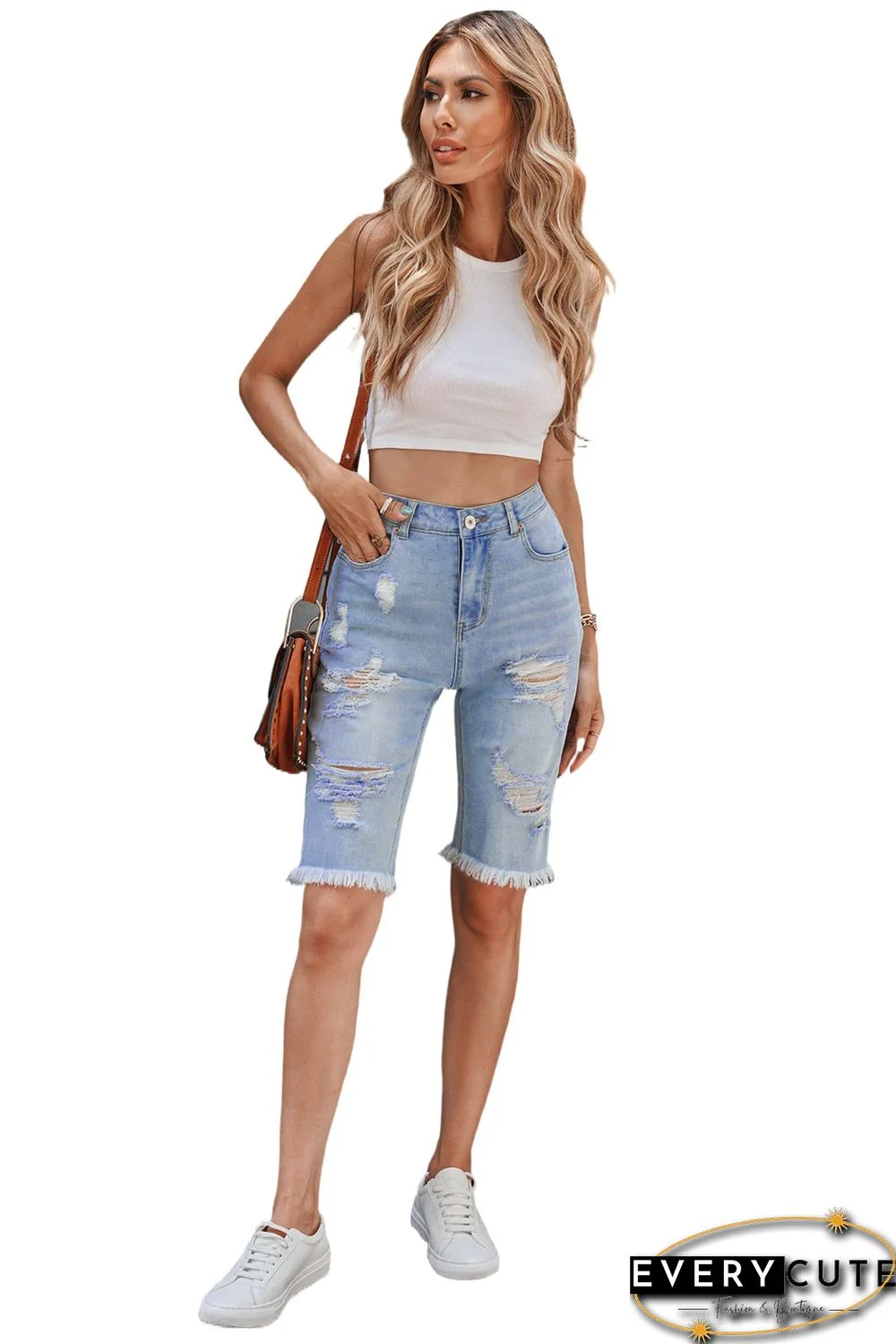 Light Blue Distressed Denim Bermuda Shorts