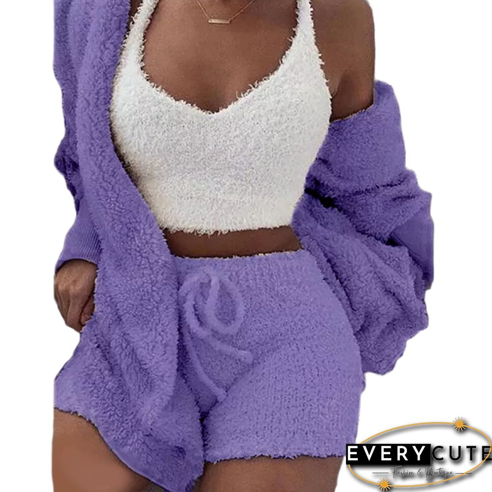 Purple Plush Hoodie with Shorts and White Vest 3pcs Set