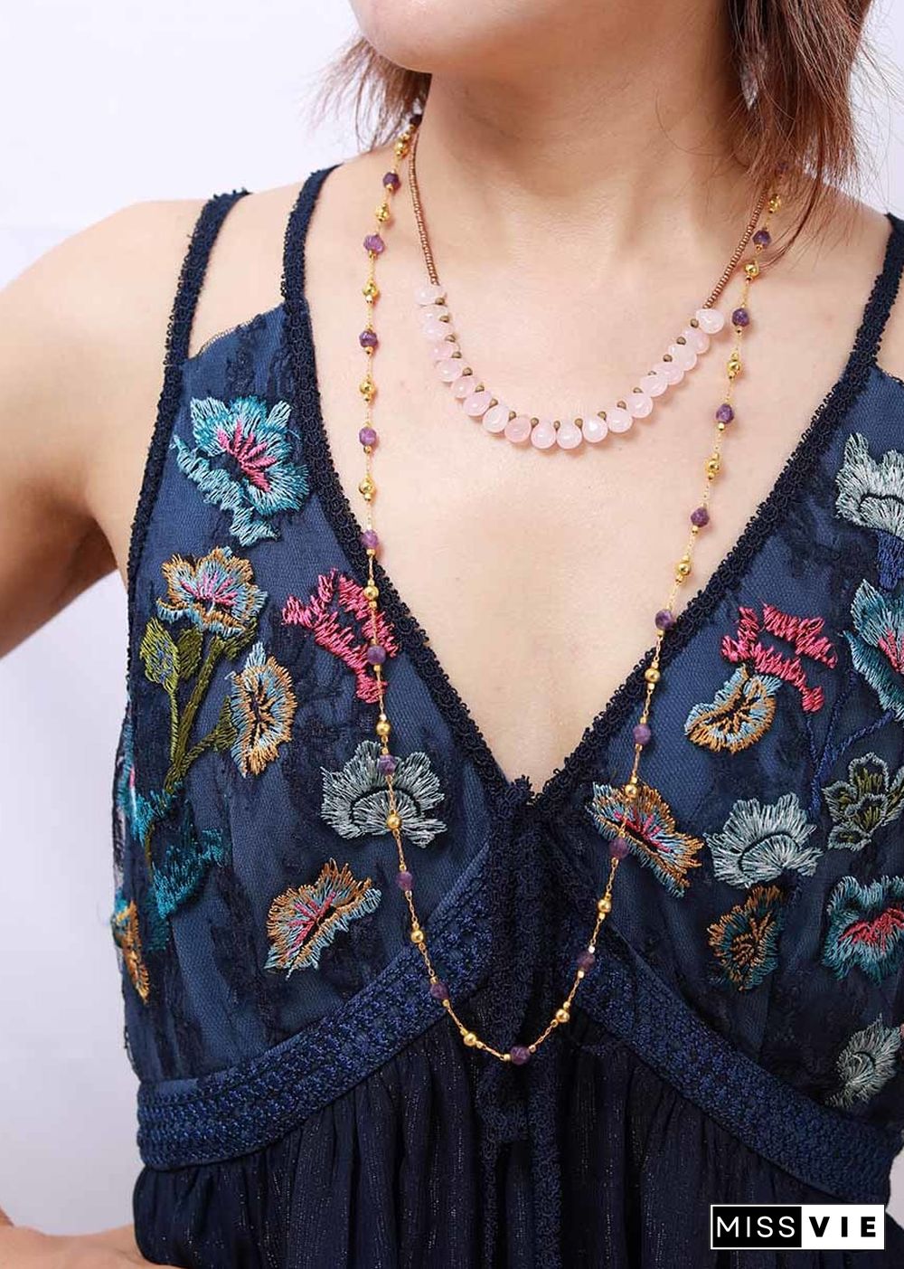 Boho Necklace, Blue Amazonite, Seed Beads Rose Quartz