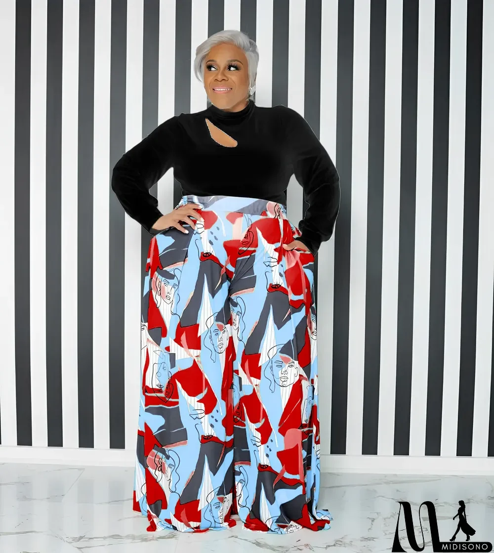 MidiSono - Casual Women'S Cutout Long Sleeve Top Pocket Print Wide Leg Pants Plus Size Fashion Casual Two Piece Pants Set