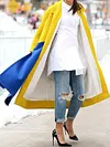 Stylish Lapel Collar Color-Block Loose Pocket Simple Woolen Cardigan Coat