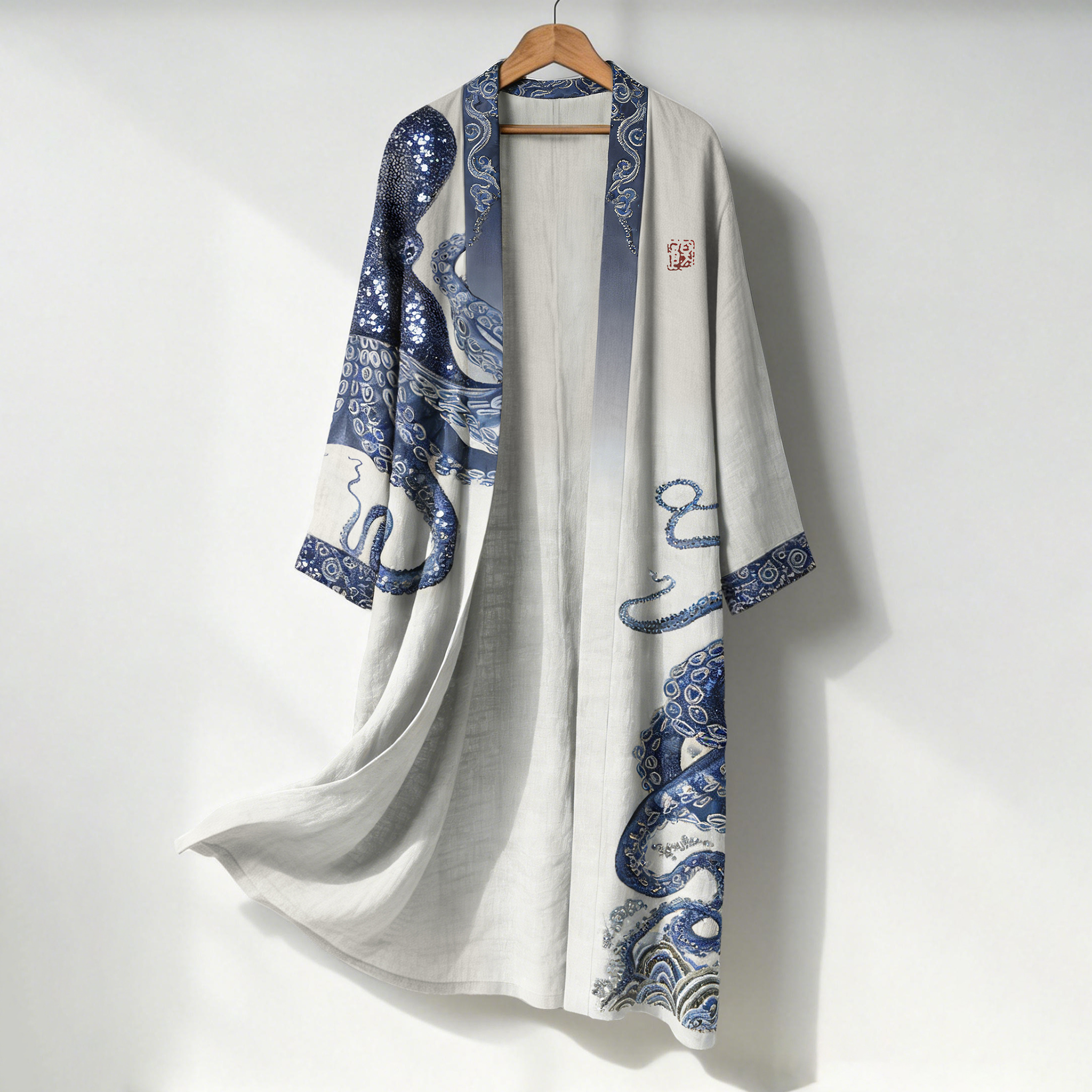 Men's Japanese Octopus Art Print Linen Long Kimono  artssus