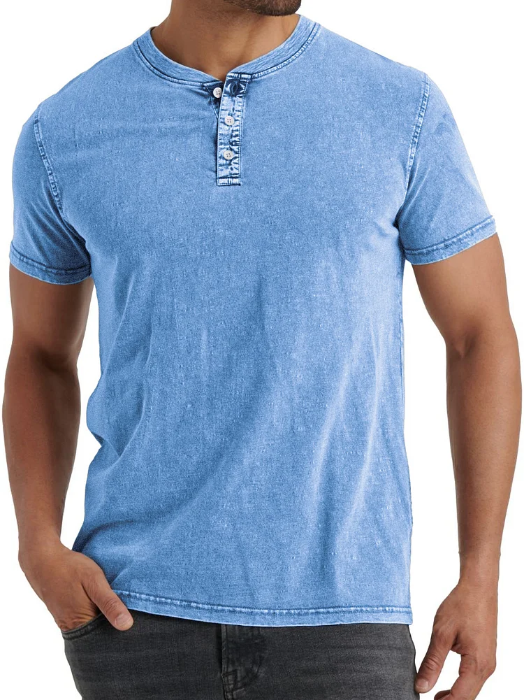 Men's Vintage Distressed Short Sleeve Henley Button Collar Stylish Henley Top Shirt