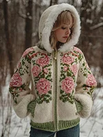 Women's Bohemian Style Pink Rose Art Cozy Fur Collar Knit Hooded Sweater Jacket