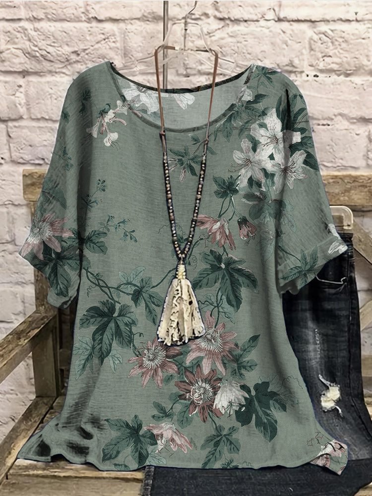 Women Half Sleeve Scoop Neck Floral Printed Colorblock Gray Women Tops