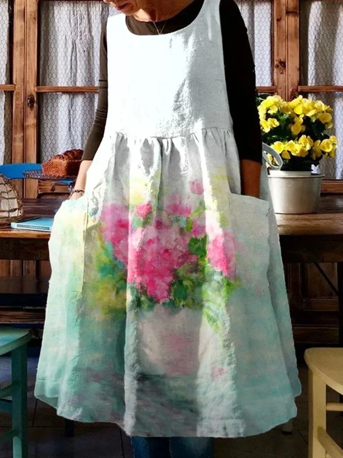 Casual Floral Oil Painting Gradient With Pocket Print Dress