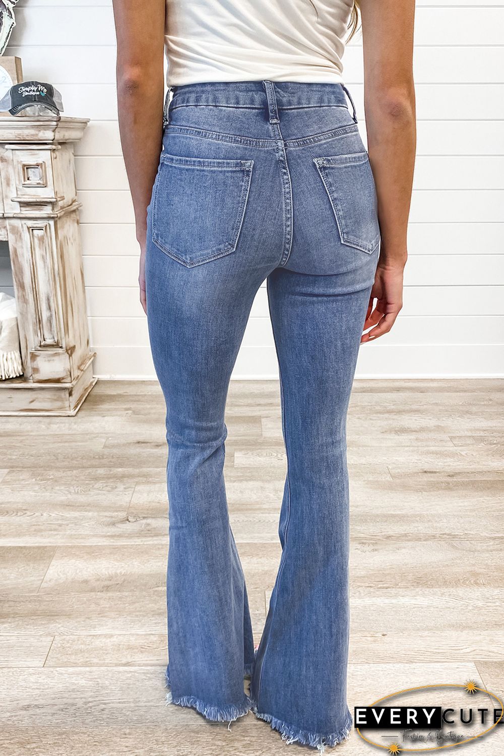 Medium Washed High Waist Flare Jeans with Raw Edges