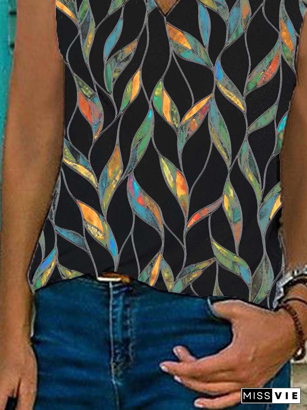 Geometric Sleeveless Printed Cotton-blend V neck Vintage Summer Black Top
