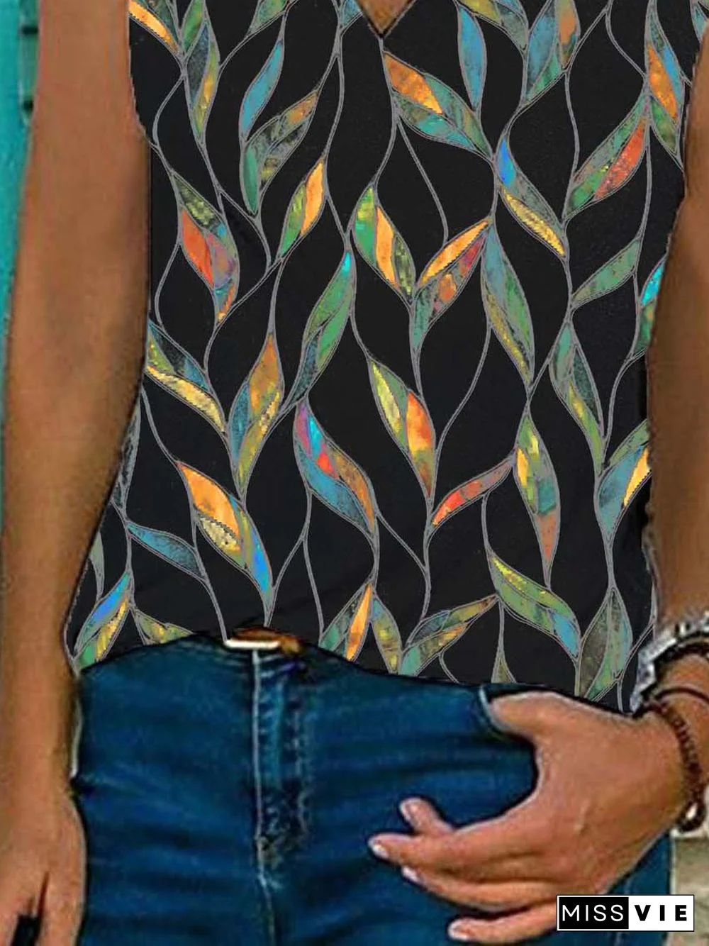 Geometric Sleeveless Printed Cotton-blend V neck Vintage Summer Black Top