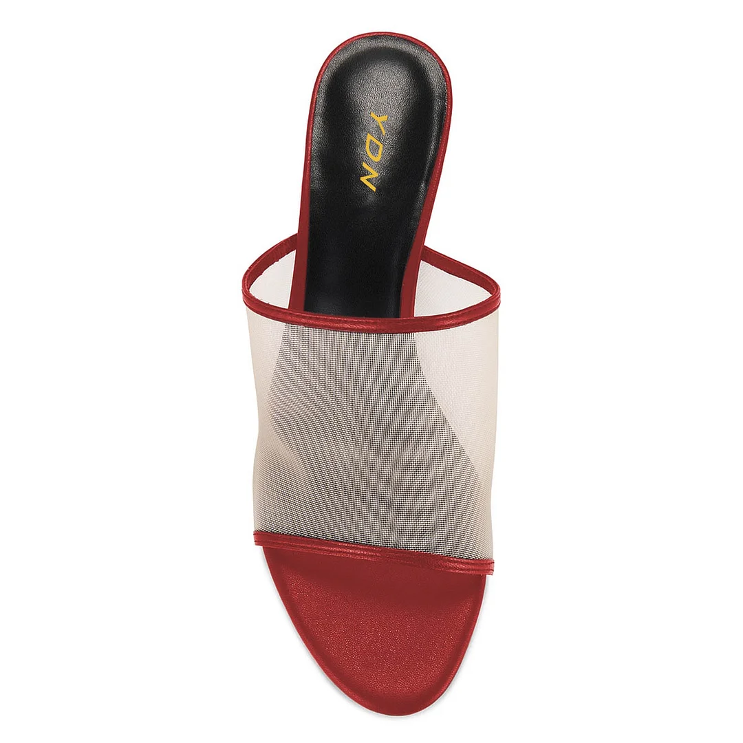 Red Open Toe Vegan Leather and Mesh Wedge Heel Slide Mules