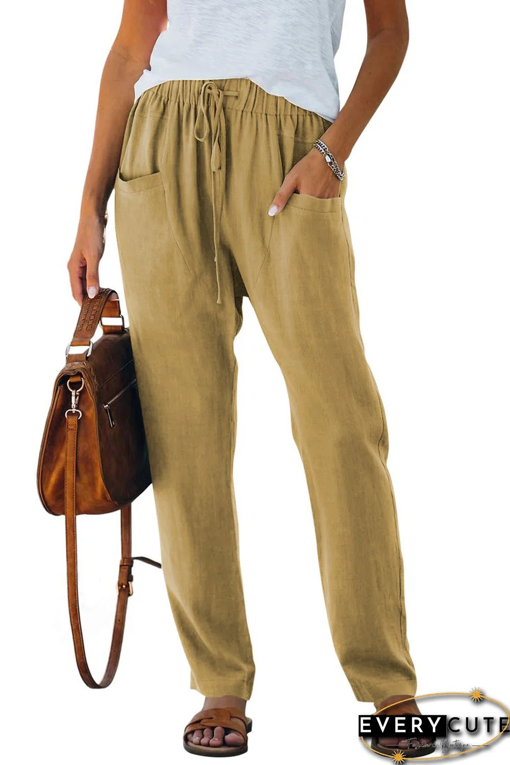 Khaki Casual Drawstring Elastic Waist Pants with Pockets