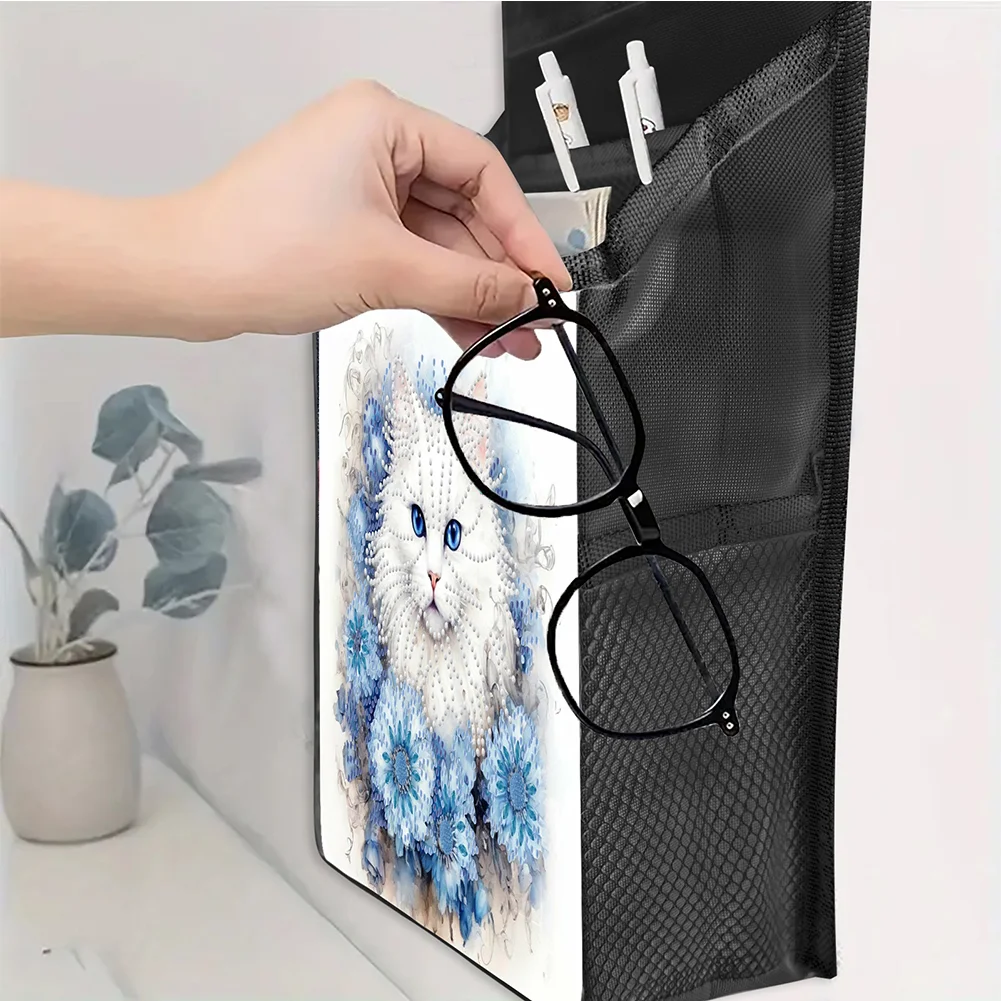 5D DIY Blue Cat Diamond Painting Hanging Storage Bag Diamond Art Organizer Box Home Decor 