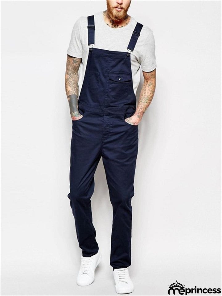 Men's Slim Trendy Solid Color Denim Overalls Jumpsuits