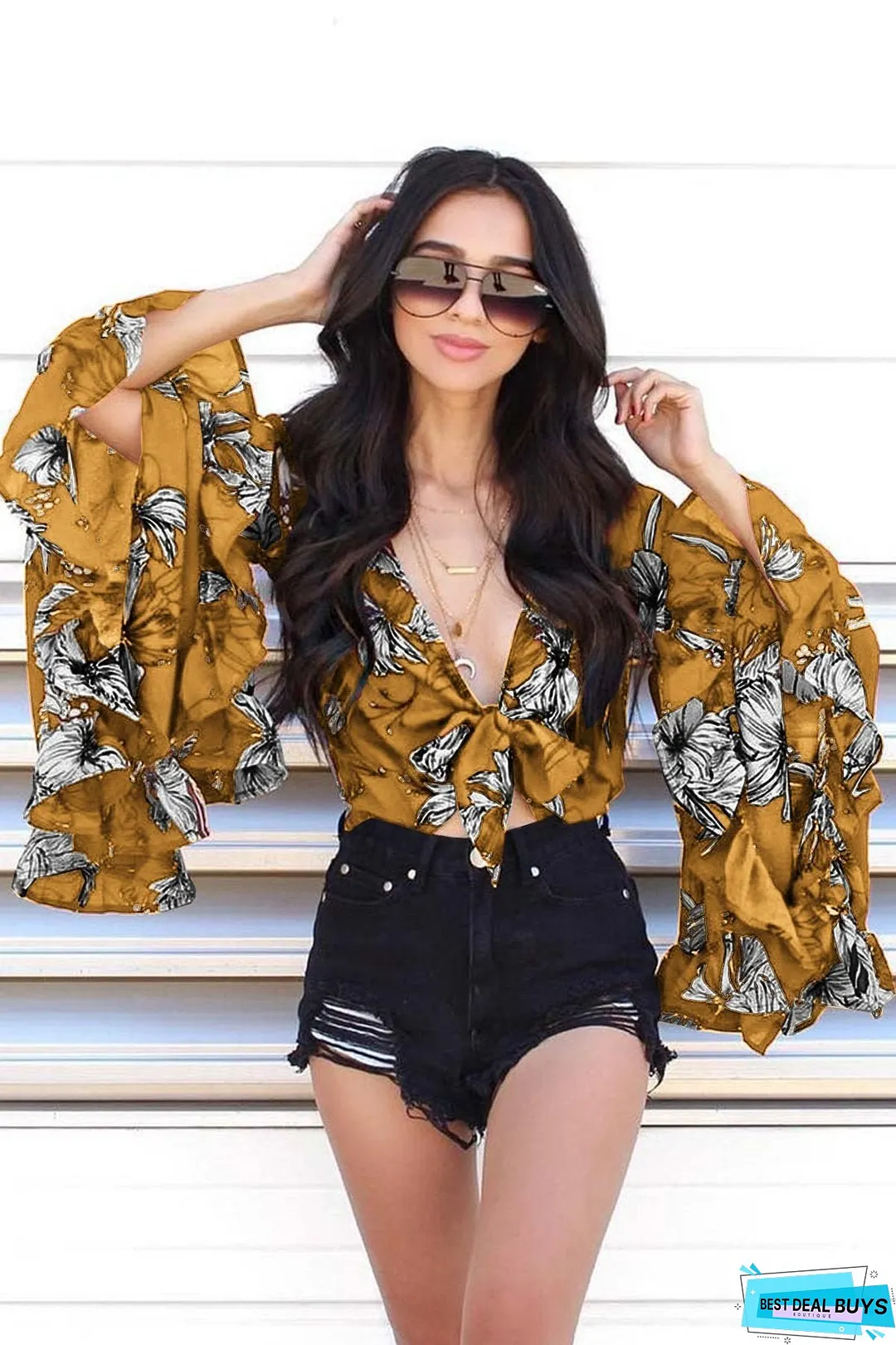 Flared Sleeve Ruffled Irregular V-Neck Top
