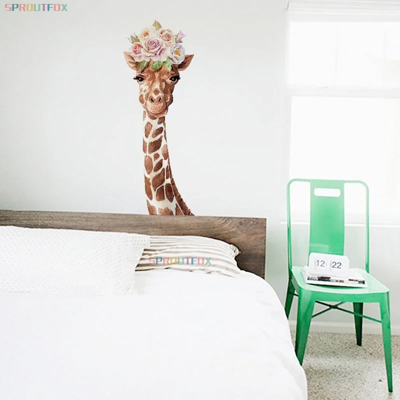 Cartoon Wreath Flower Giraffe Wall Sticker Home Decor Living Room Art Wall Decorative Vinyl Removable Decal Animal Wallpapers