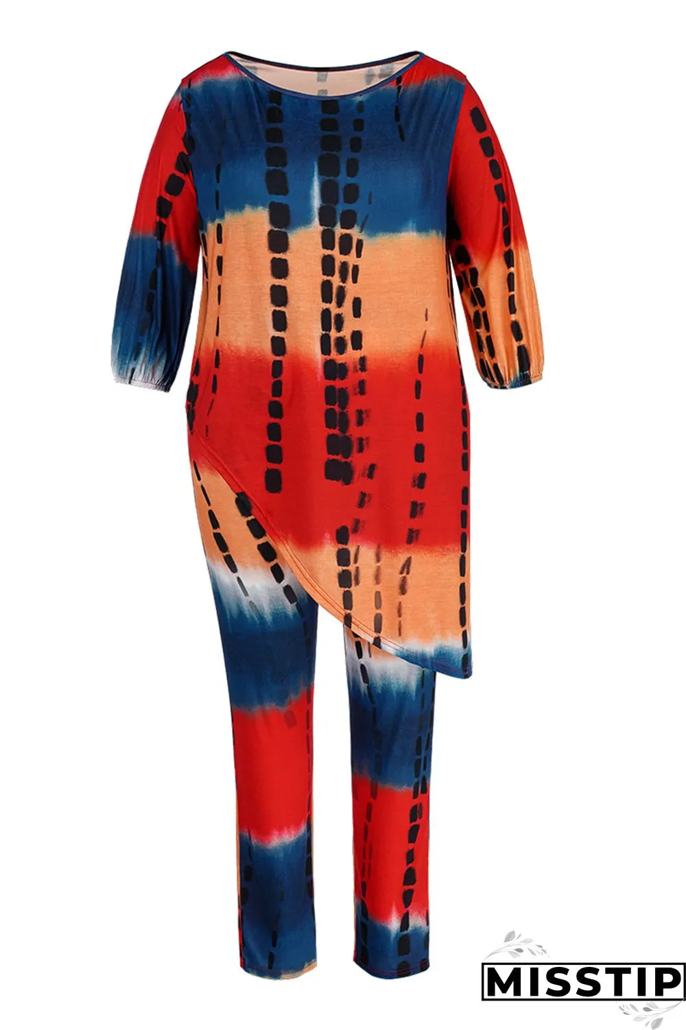 Orange Fashion Casual Tie Dye Asymmetrical O Neck Plus Size Two Pieces