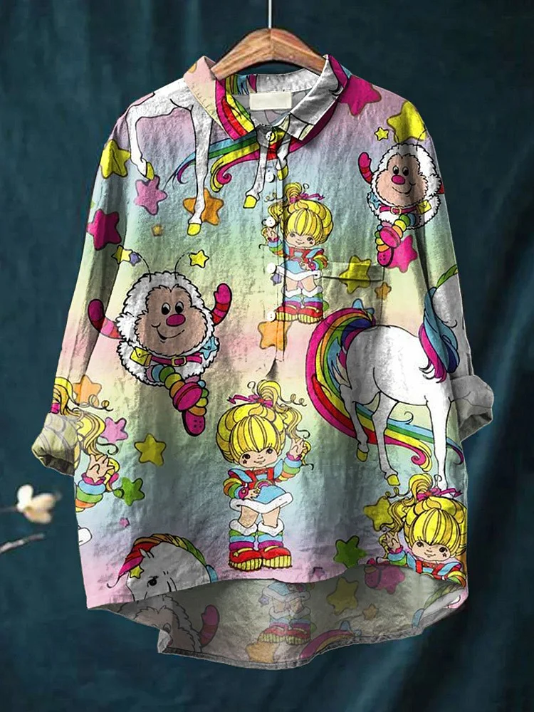 Vintage 1980 Rainbow Girl Cartoon Pattern Art Print Casual Cotton And Linen Shirt
