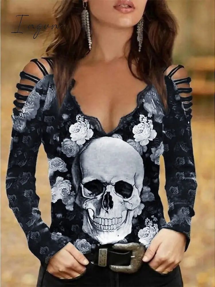 Ingvn - Women’s Going Out Tops Burgundy Tee Blouse Halloween Shirt Black Wine Blue Floral Skull