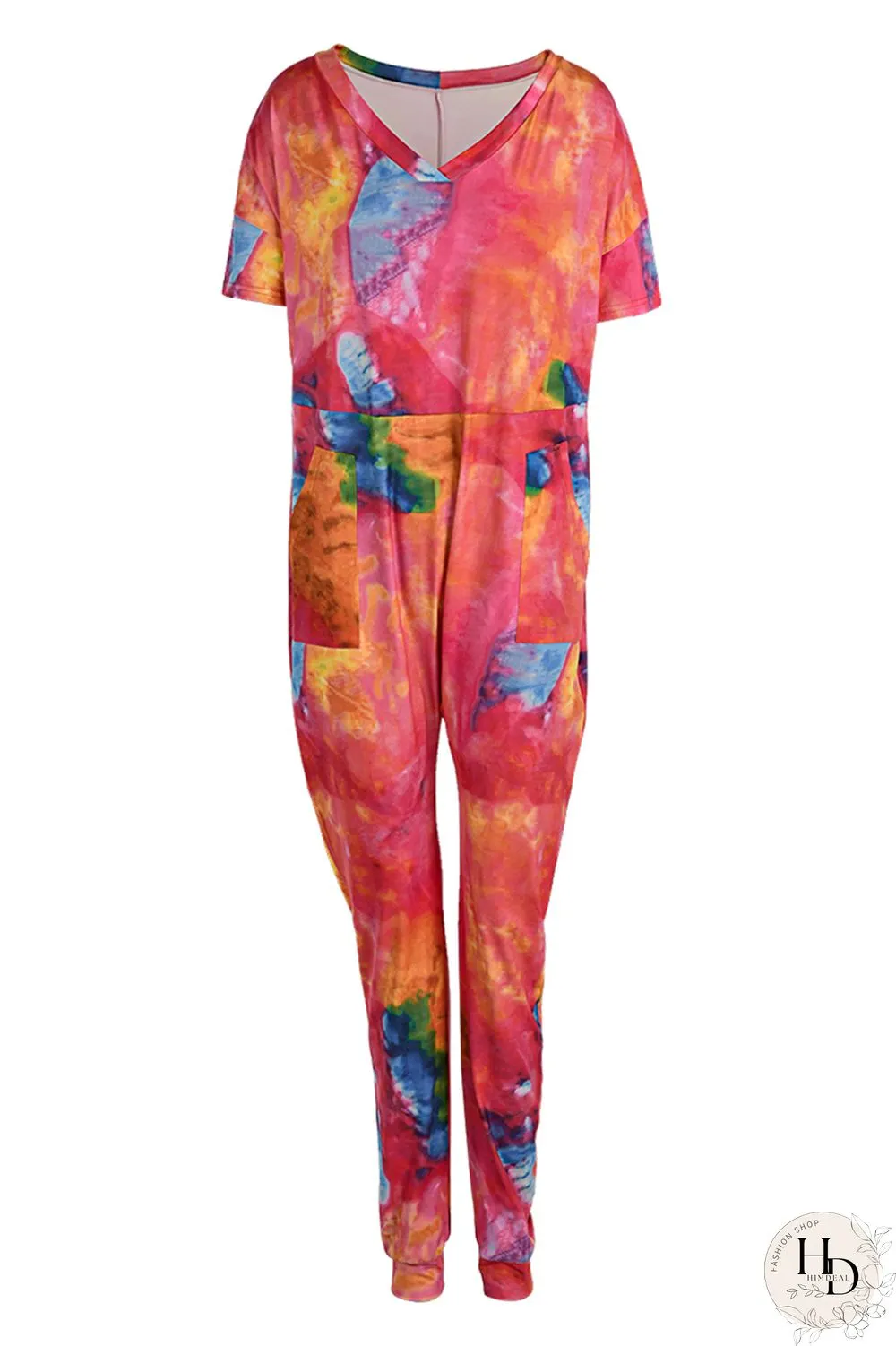 Red Fashion Casual Print Tie-dye V Neck Loose Jumpsuits