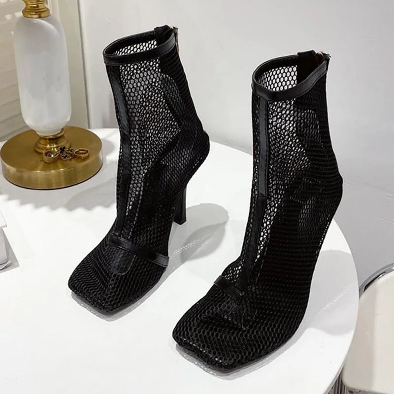 Black Green Nets Mesh Hollow Out Ankle Boots Women Sandals Fashion Square Toe Stiletto Heels Pumps Zipper Party Dance Shoes