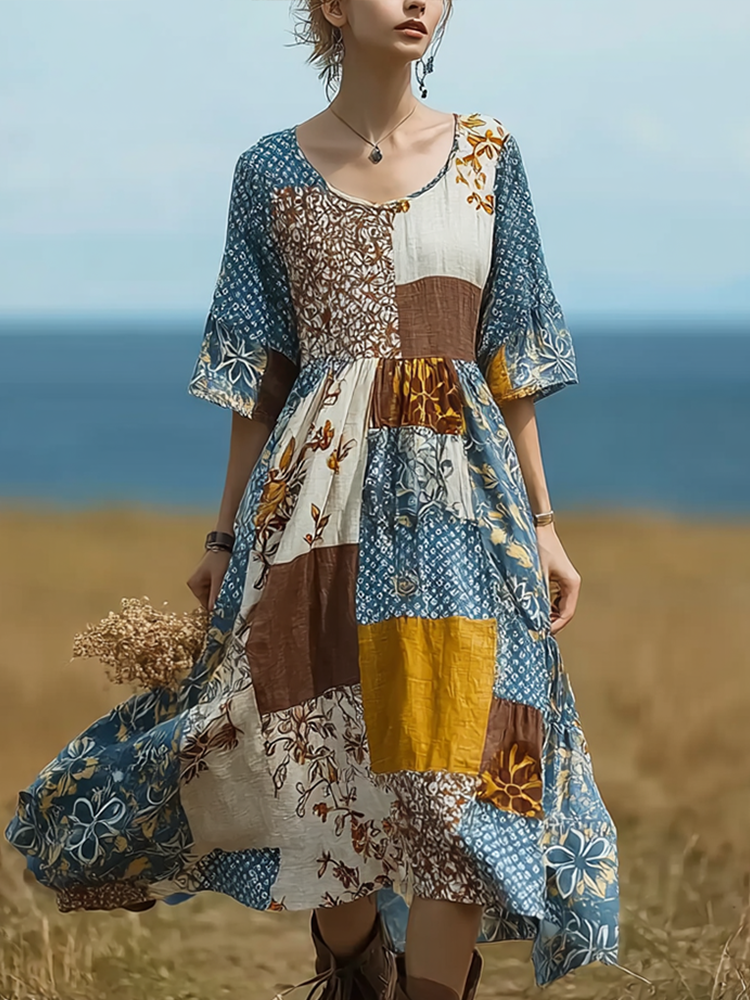 Retro Color Block Patchwork Design Plant Flower Pattern Printed Women's Linen Dress elevenforest