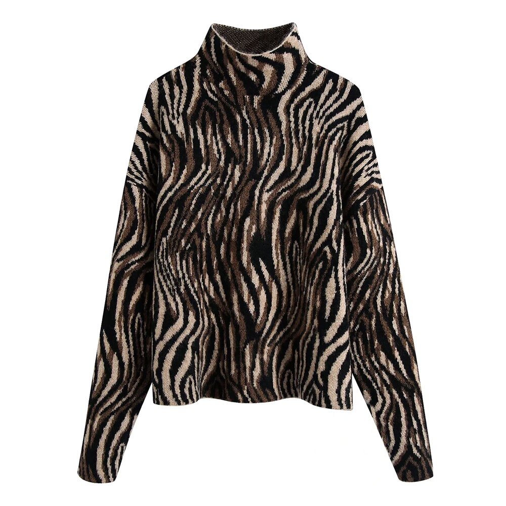 TRAF Women Fashion Jacquard Animal Print Loose Knit Sweater Vintage High Neck Long Sleeve Female Pullovers Chic Tops