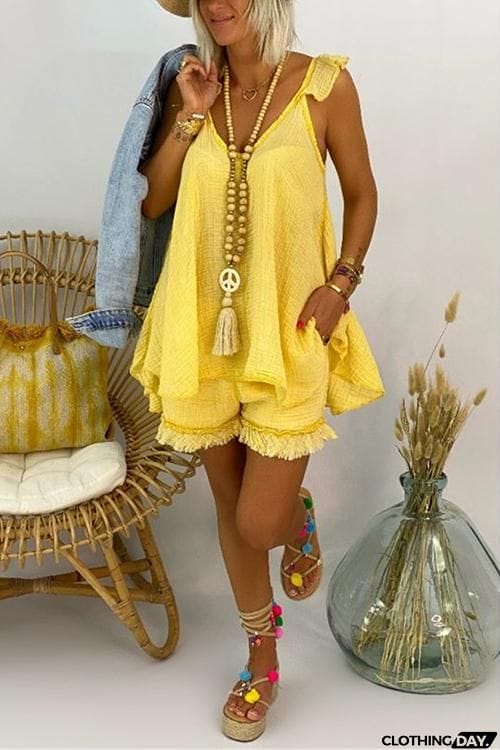 Ruffles Sleeveless Blouse Shorts Set
