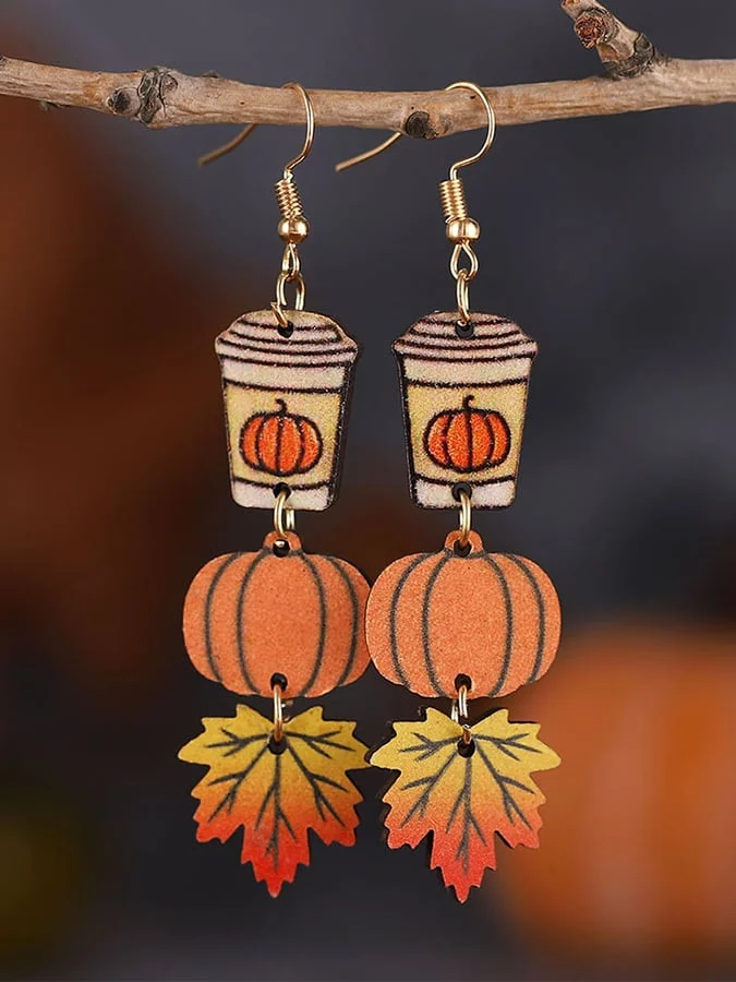 Women's Autumn Thanksgiving Pumpkin Maple Leaf Coffee Mug Earrings