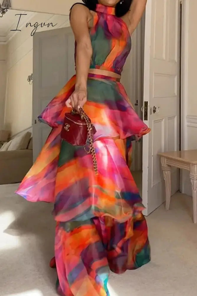 Ingvn - Bohemian College Gradual Change Tie-Dye Halter Cake Skirt Dresses Colour / S Dresses/Boho