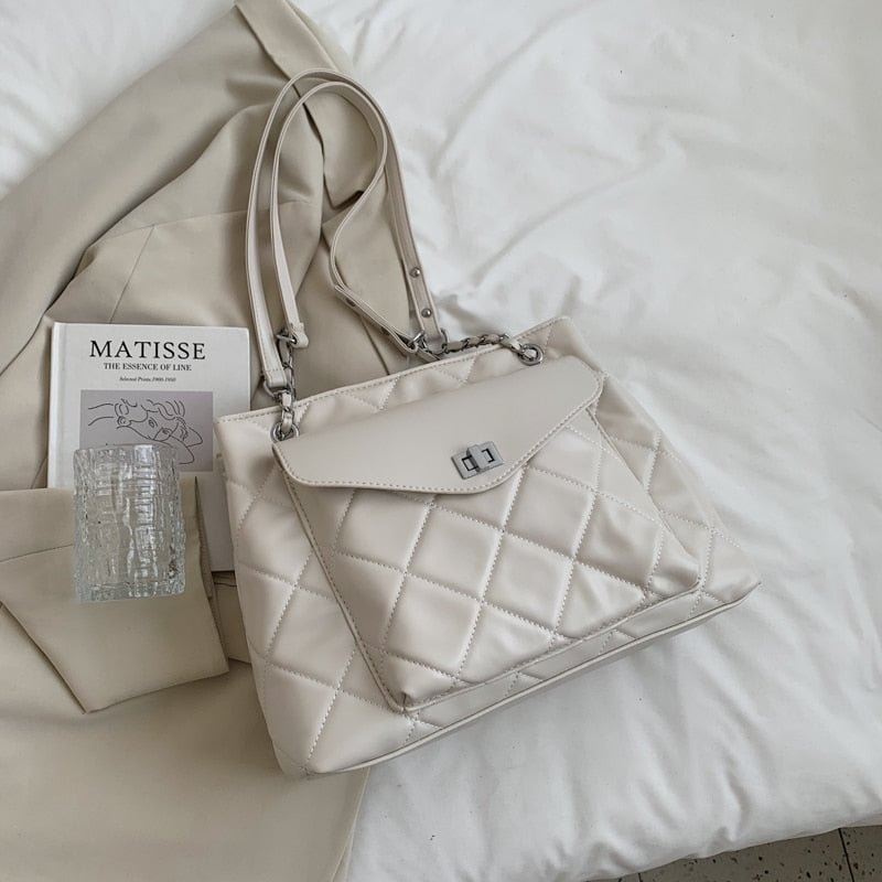 SWDF Vintage Luxury Designer Big PU Leather Crossbody Handbag for Women 2022 Trends Brand Chain Solid Color Quilted Shoulder Bag