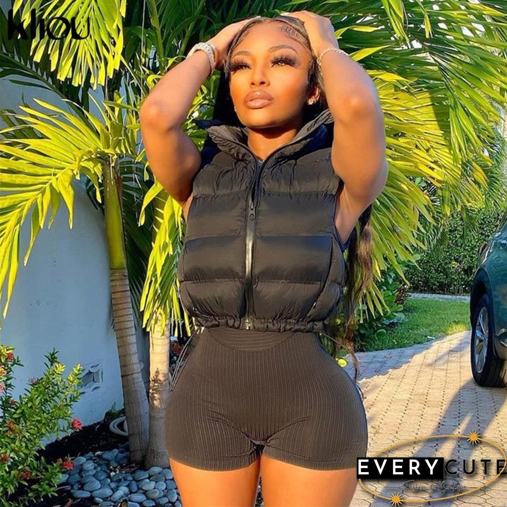 Kliou Solid Mercerized Cotton Tank Tops For Women Hipster Zipper Drawstring Sleeveless Vest Casual Streetwear Female Clothing