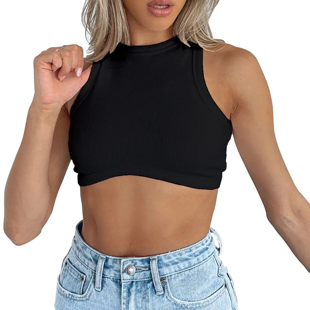 Uveng Uveng Women's New Women's Sexy Sleeveless Round Neck Rib Knit Vest Crop Top
