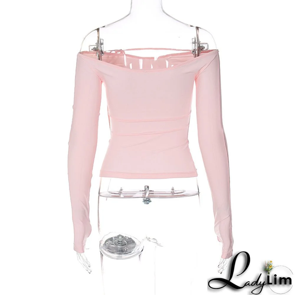 Spring Ladies Off Shoulder Fashion Street Slim Fit Basic Shirt T-Shirt Tops