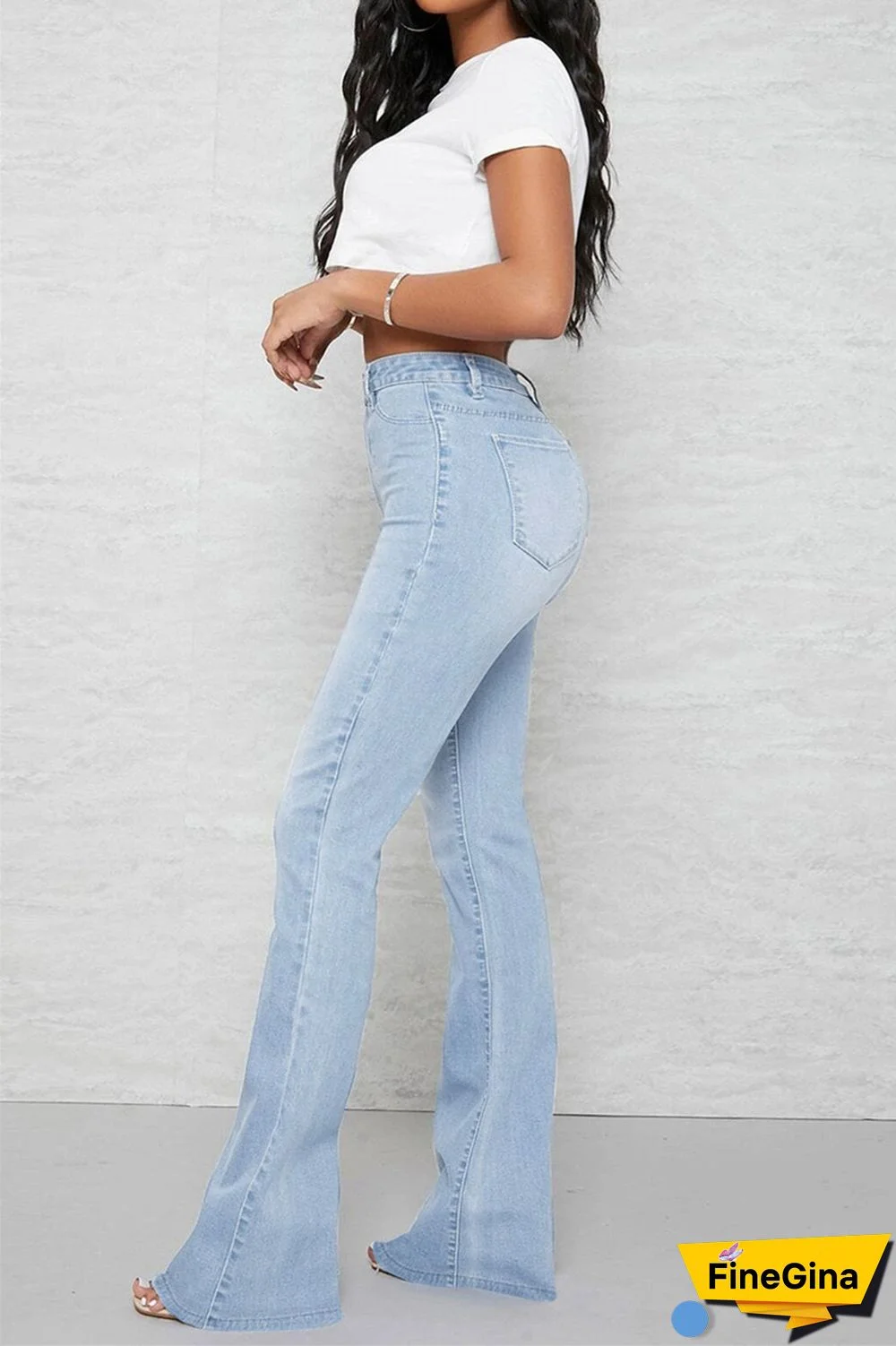 Baby Blue Casual Solid Patchwork Mid Waist Regular Denim Jeans